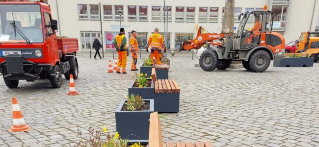 Mehrere moderne Pflanzbänke und Pflanzkübel stehen auf dem gepflasterten Marktplatz. Mitarbeitende des Regiebetriebs Baubetriebshof und Stadtgrün in orangefarbener Arbeitskleidung stellen die Elemente mit einem Radlader auf und bepflanzen sie.