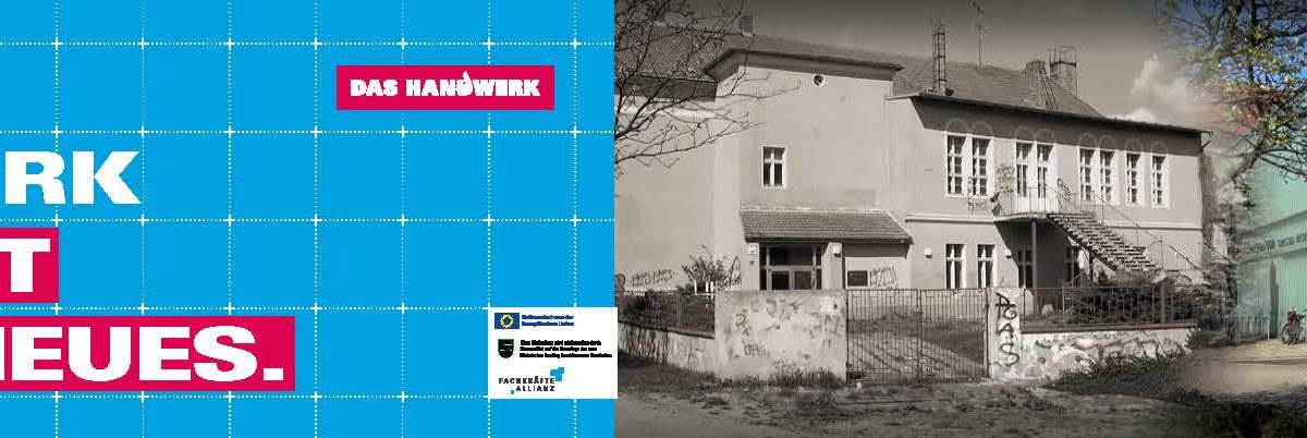 Zweigeteiltes Vorher-Nachher-Bild des ehemaligen Pionierhauses in Hoyerswerda. Links ist das unsanierte graue Gebäude mit beschädigter Fassade, Graffiti, Zaun und kahlen Bäumen zu sehen. Rechts steht das sanierte Soziokulturelle Zentrum mit hellgrüner Glasfassade, großen Fenstern, neuem Anbau und gestaltetem Außenbereich. Unten rechts befinden sich die Schriftzüge „#WHY! Wir leben Ideen. Hoyerswerda“ und „Das hat das Handwerk gemacht“.