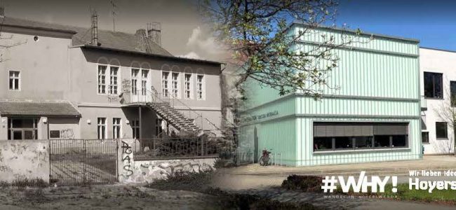 Zweigeteiltes Vorher-Nachher-Bild des ehemaligen Pionierhauses in Hoyerswerda. Links ist das unsanierte graue Gebäude mit beschädigter Fassade, Graffiti, Zaun und kahlen Bäumen zu sehen. Rechts steht das sanierte Soziokulturelle Zentrum mit hellgrüner Glasfassade, großen Fenstern, neuem Anbau und gestaltetem Außenbereich. Unten rechts befinden sich die Schriftzüge „#WHY! Wir leben Ideen. Hoyerswerda“ und „Das hat das Handwerk gemacht“.