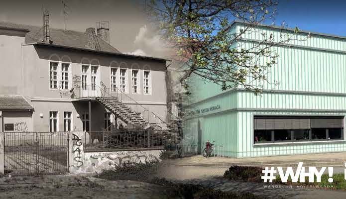 Zweigeteiltes Vorher-Nachher-Bild des ehemaligen Pionierhauses in Hoyerswerda. Links ist das unsanierte graue Gebäude mit beschädigter Fassade, Graffiti, Zaun und kahlen Bäumen zu sehen. Rechts steht das sanierte Soziokulturelle Zentrum mit hellgrüner Glasfassade, großen Fenstern, neuem Anbau und gestaltetem Außenbereich. Unten rechts befinden sich die Schriftzüge „#WHY! Wir leben Ideen. Hoyerswerda“ und „Das hat das Handwerk gemacht“.