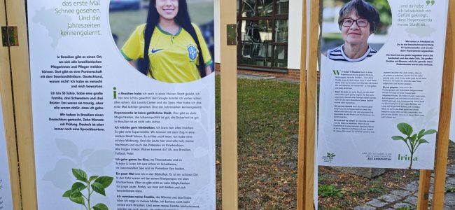 Zwei Ausstellungstafeln in Holzrahmen zeigen Porträts von Frauen und Texte über ihr Leben in Hoyerswerda. Links ist eine Frau im gelben Fußballtrikot zu sehen, rechts eine Frau mit Brille.
