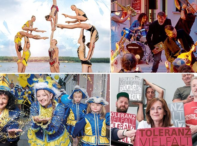 Bildcollage aus vier Fotos: oben links zwei Akrobatinnen bei einer Partnerakrobatik-Vorführung im Freien; oben rechts eine Gruppe junger Frauen und Männer mit Skateboards vor einer bunten Graffiti-Wand; unten links Kinder und Erwachsene in gelb-blauen Karnevalskostümen mit Luftballons; unten rechts mehrere Personen, die Schilder mit der Aufschrift „Toleranz Vielfalt Demokratie" hochhalten.