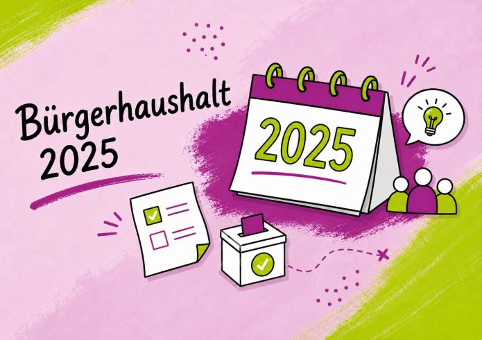 Gezeichnete Illustration mit der Überschrift „Bürgerhaushalt 2025". Ein aufgeklappter Kalenderblock mit der Jahreszahl „2025", davor ein Dokument mit Häkchen-Symbol und eine Wahlurne mit Stimmzettel. Rechts eine Sprechblase mit Glühbirnen-Symbol sowie drei Personen-Symbole.
