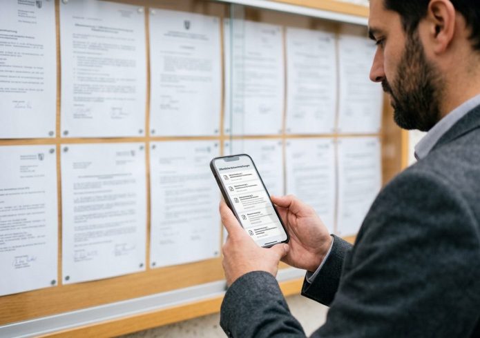 Ein Mann im Sakko steht vor einer Aushangvitrine mit mehreren amtlichen Bekanntmachungen und schaut auf sein Smartphone, auf dem eine Liste mit Dokumenten zu sehen ist.