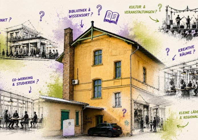 Collage mit KI-generierten Illustrationen zum historischen Bahnhofsgebäude Hoyerswerda. In der Mitte das gelbe Backsteingebäude mit Schornstein. Umgebende Bildausschnitte zeigen mögliche Nutzungsszenarien: ein Café mit Außenbestuhlung, einen Co-Working-Bereich mit Sitzgruppen, eine Bibliothek, eine Kulturveranstaltung mit Bühne und Publikum, kreative Werkräume sowie kleine Ladenflächen. Die Bildausschnitte sind mit Fragezeichen und den Beschriftungen „Café & Treffpunkt", „Co-Working & Studieren", „Bibliothek & Wissensort", „Kultur & Veranstaltungen", „Kreative Räume" und „Kleine Läden & Regionales" versehen.