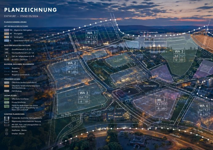 Luftaufnahme eines Stadtgebiets bei Dämmerung, überlagert mit einer fiktiven Planzeichnung. Zu sehen sind verschiedenfarbig markierte Baugebiete (WA, MI, SO) mit Kennwerten, eine Legende zur Planzeichenerklärung sowie die Überschrift „Planzeichnung, Entwurf, Stand 05/2024".