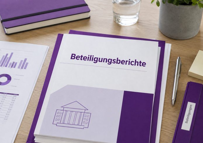 Ein Aktenordner mit der Aufschrift „Beteiligungsberichte" und einem stilisierten Gebäudesymbol liegt auf einem Schreibtisch, umgeben von einem Notizbuch, Diagrammen, einem Wasserglas, einer Pflanze und einem weiteren Ordner mit der Beschriftung „Beteiligungen".