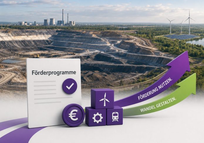 Grafisch überlagerte Darstellung: Vor dem Hintergrund eines Braunkohletagebaus mit Kraftwerk sowie Windrädern und Solarpark stehen ein Dokument mit der Aufschrift „Förderprogramme" und Symbolwürfel für Energie, Technik und Mobilität. Zwei Pfeile mit den Aufschriften „Förderung nutzen" und „Wandel gestalten" zeigen nach oben.