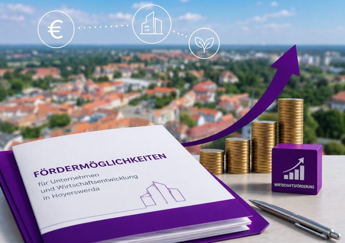 Eine Broschüre mit dem Titel „Fördermöglichkeiten für Unternehmen und Wirtschaftsentwicklung in Hoyerswerda" liegt auf einem Tisch, daneben ein Stift, Münzstapel mit aufwärts zeigendem Pfeil sowie ein Würfel mit der Aufschrift „Wirtschaftsförderung". Im Hintergrund eine Luftaufnahme von Hoyerswerda.