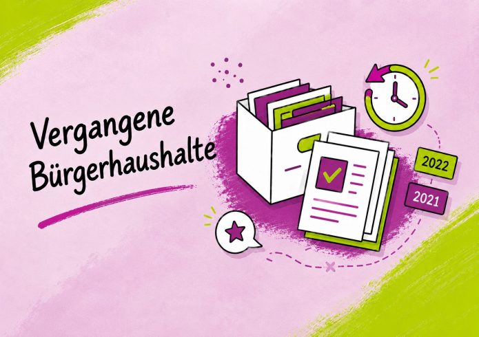 Gezeichnete Illustration mit der Überschrift „Vergangene Bürgerhaushalte". Ein Karton mit mehreren Aktenordnern, davor Dokumente mit einem grünen Häkchen-Symbol. Rechts eine Uhr mit rückwärts zeigendem Pfeil sowie zwei Kacheln mit den Jahreszahlen „2022" und „2021".