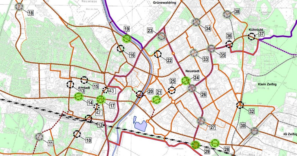 Lageplan mit den in 2024 neu bewerteten Maßnahmen zum Radverkehrskonzept